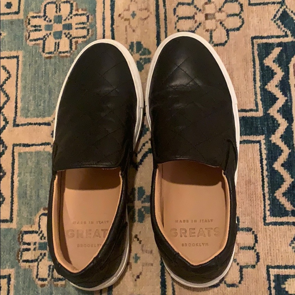 GREATS quilted leather black slip ons